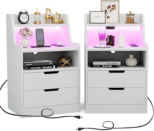 IKIFLY Moderna mesita de noche LED con estación de carga mesa auxiliar LED con 2 cajones y estantes de almacenamiento mesita de noche con puertos