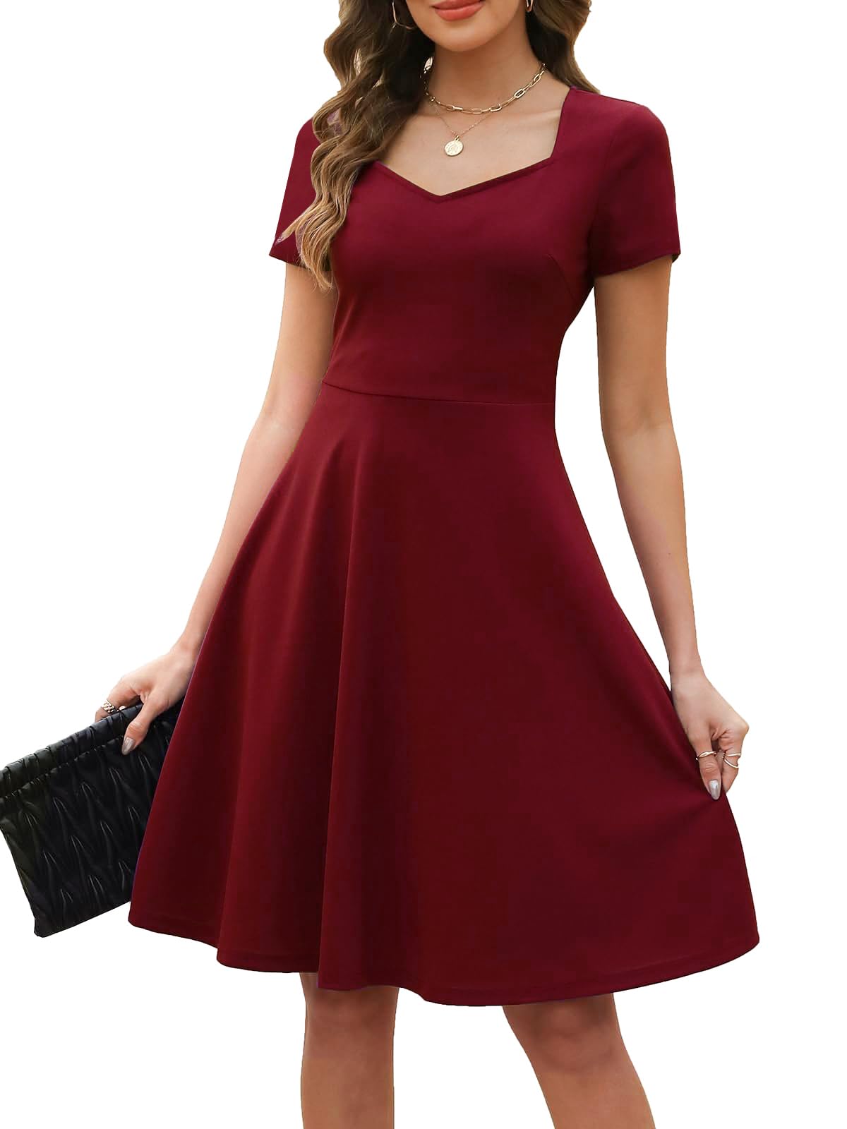 Vestidos casuais vintage para mulheres, roupas elegantes, pequenas, anos 50, manga curta, trabalho, festa, vestido evasê DJ163