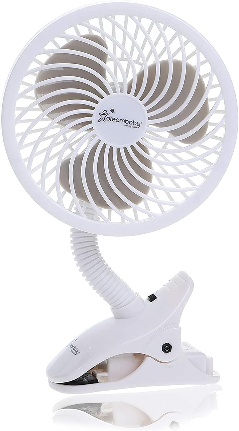 Dreambaby Pram Fan, Caged Stroller Fan for Babies - Adjustable Clip-On Fan - Portable and Convenient Cooling Solution for Strollers, Cribs, Table and Desk (Batteries not included) (White)