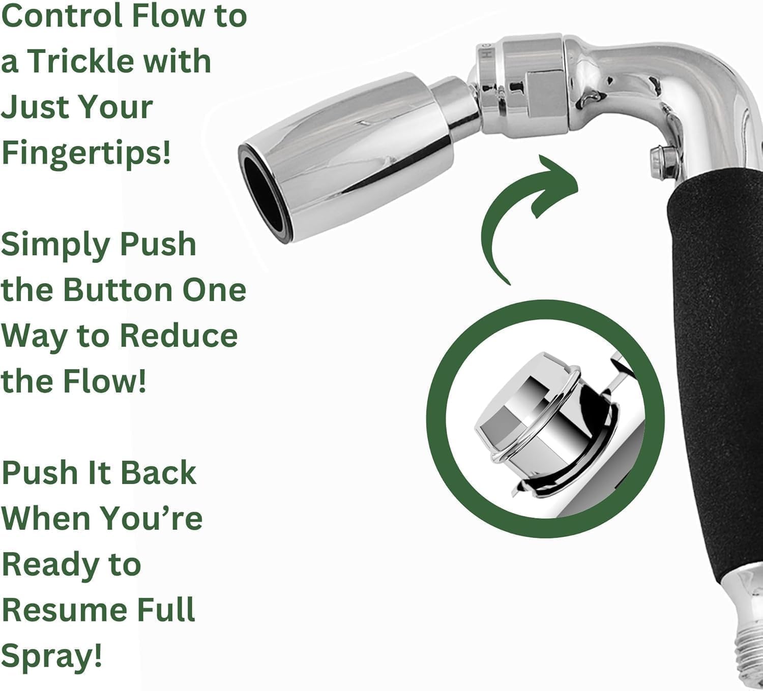 High Sierra® Solid Lead-Free Metal Handheld Shower Head, Trickle Valve, Includes 72” flexible Stainless Steel Hose With biofilm resistant Silicone Inner Tube, Holder. Ultra Low Flow 1.5 GPM. Chrome