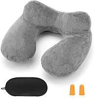 Vista 7 de Almohada inflable de viaje para avión, almohada inflable para el cuello para viajar con terciopelo suave, funda lavable para dormir, avión, tren