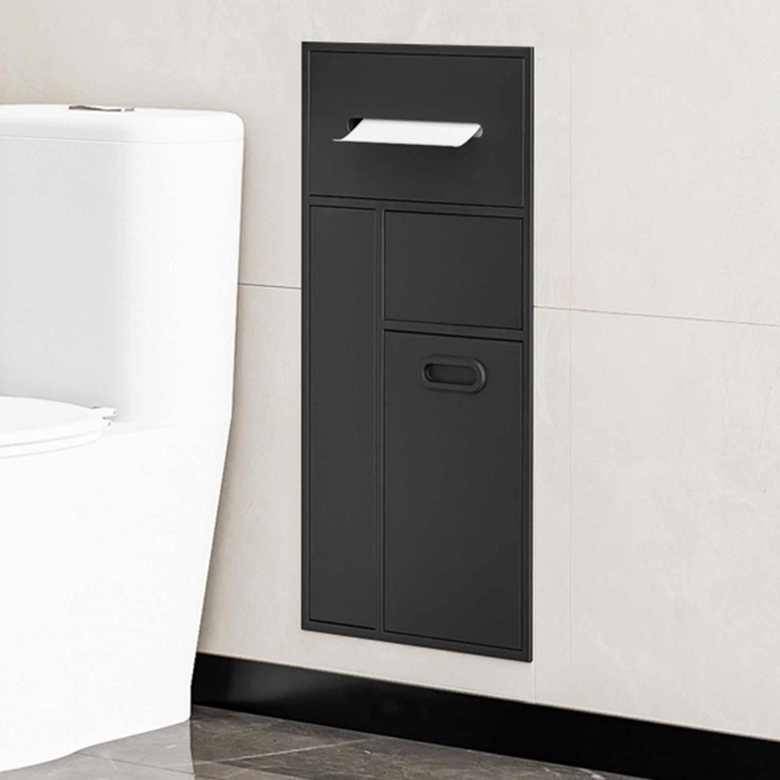 Generisch Duschablage aus Edelstahl & eingelassenes, wasserdichtes Badezimmerregal – integrierte Mülleimernische für Küche & Hotel – modernes schwarzes Design für den Heimgebrauch