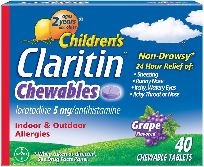 ClaritinChildren's Chewable 5 mg, 40 Count Grape Chewable Tablets, 24 Hour Non-Drowsy, Indoor & Outdoor Allergy Relief