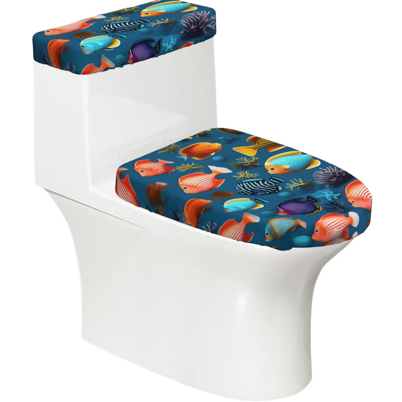 Cntdbu Black Submarine Reef Fish Elastic Toilet Cover Set Of 2-Stretchy Lid And Tank Covers For Bathroom, Soft Washable U Shape Toilet Decor