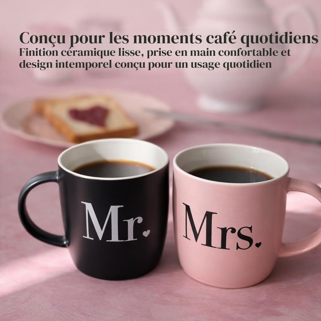Triple Gifffted Tasses à café Mr & Mrs en céramique - Idées cadeaux pour mariage, fiançailles, Saint-Valentin, Noël