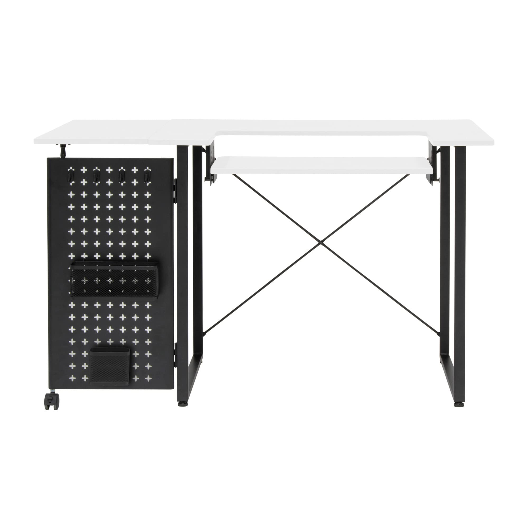 Sewing Online Table de Couture en Ligne avec Panneau de Rangement Pliable, Pieds Blancs/Noirs – Table pour Machine à Coudre avec Plate-Forme réglable, rallonge à abattant, Crochets de Rangement