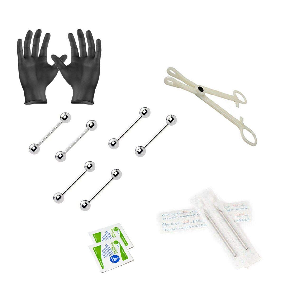 Luxe Modz 15PCS Body Piercing Kit for Tongue Nipple Piercing Kits 316L Surgical Steel Straight Barbells 14G Piercing Needles, Gloves, AlcoholPads, Forceps Clamps tools