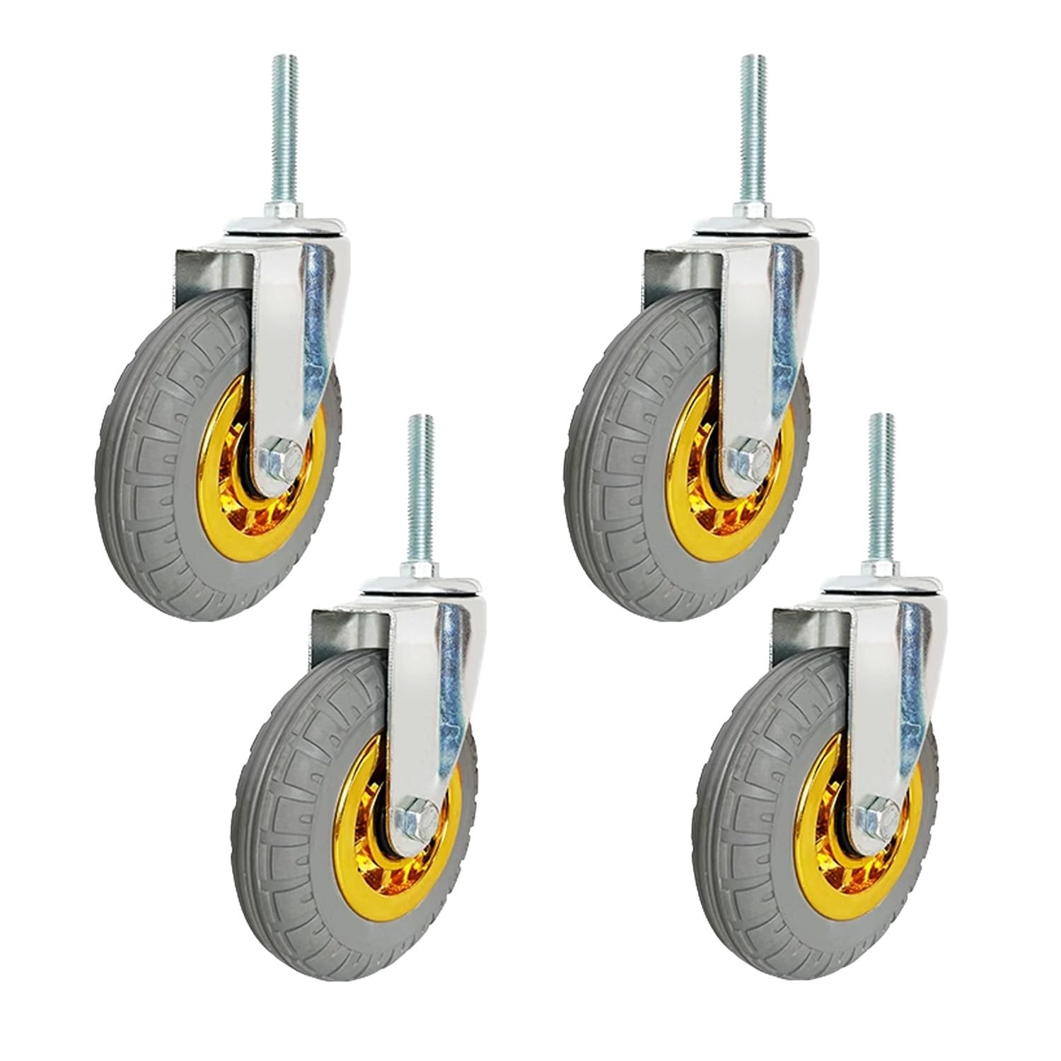 Vástago Ruedas Giro Freno Goma, Ruedas giratorias con vástago roscado M12x60mm, de goma freno, 3-5 pulgadas, paquete 4(Swivel,125mm)