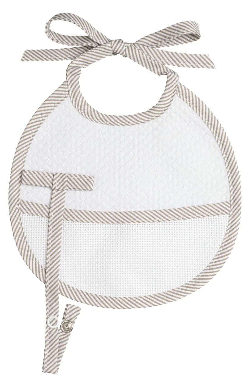 FILET - Small Round Bib in Soft Losenge Fabric with Aida Pocket to Embroider, Pacifier Holder with Press Button, Taupe Striped Printed Cotton Profile, Made in Italy