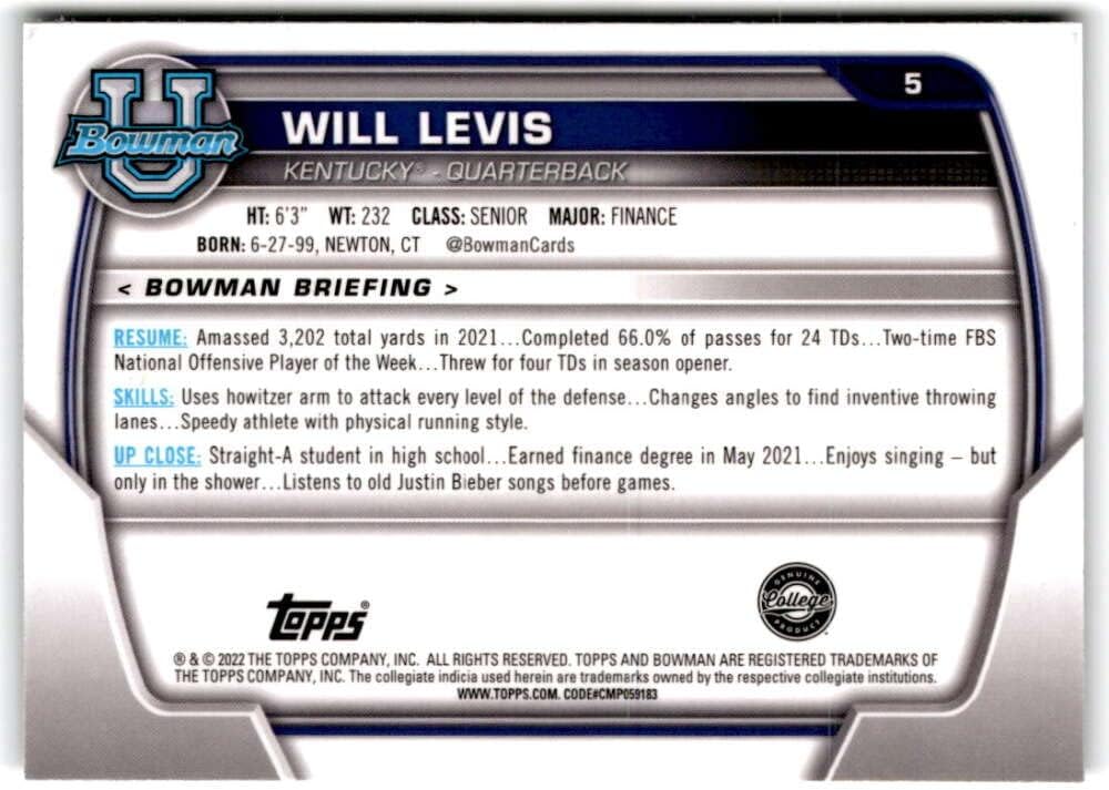 2022 Bowman Chrome University #5 Will Levis Kentucky Wildcats Football