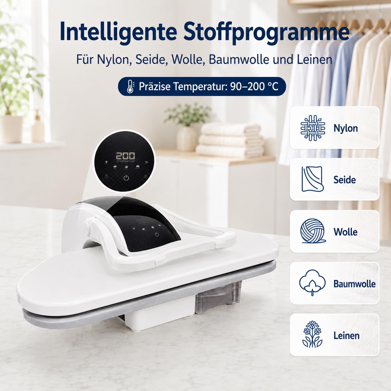 Weiß Intelligente Dampfpresse Professionelle BüGelmaschine Professionelle Dampfbügelpresse Mit Touchscreen Ai-Stimme 5 Stofffunktionen und Temperatureinstellung 2200W 1L Wassertanks