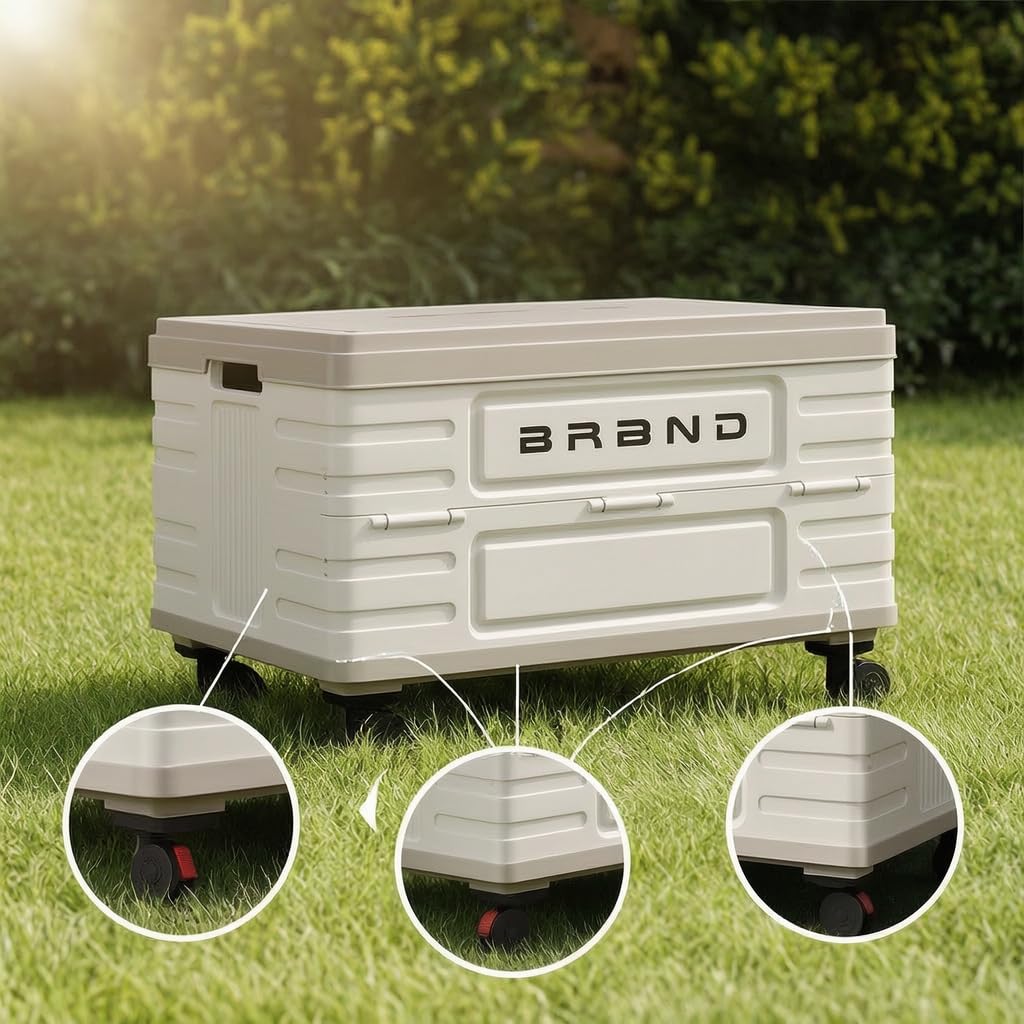 Camping Aufbewahrungsbox Faltbar mit und Rollen, Kofferraum Organizer für Outdoor, für Picknick, Cremeweiß [52L] Camping-Schiebebox – auslaufsicherer Deckel