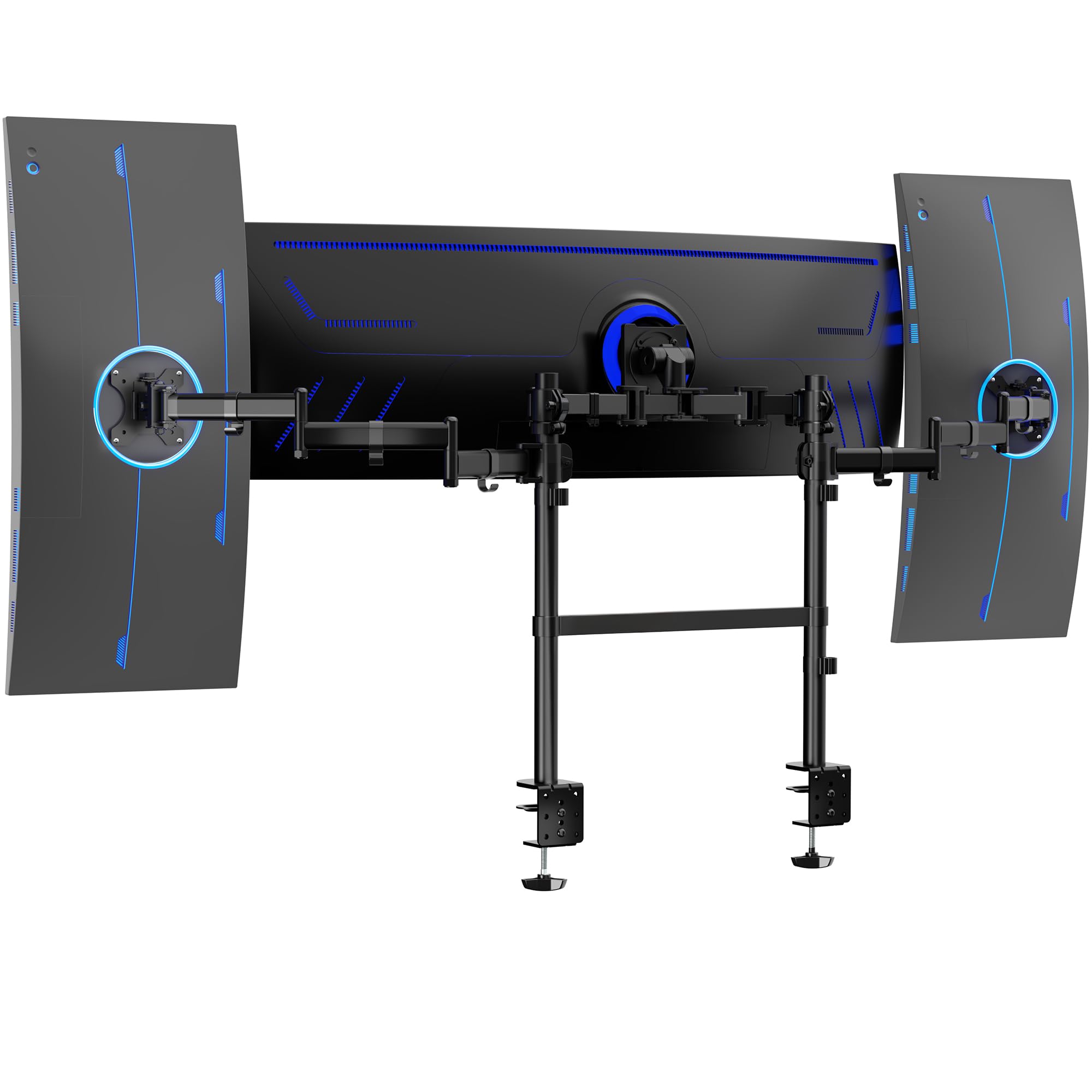 VIVO Clamp-on Dual Pole Triple Monitor Desk Mount for 1 Center Utrawide up to 49 inches and 59.4 lbs, 2 Side Screens up to 38 inches and 17.6 lbs, Low