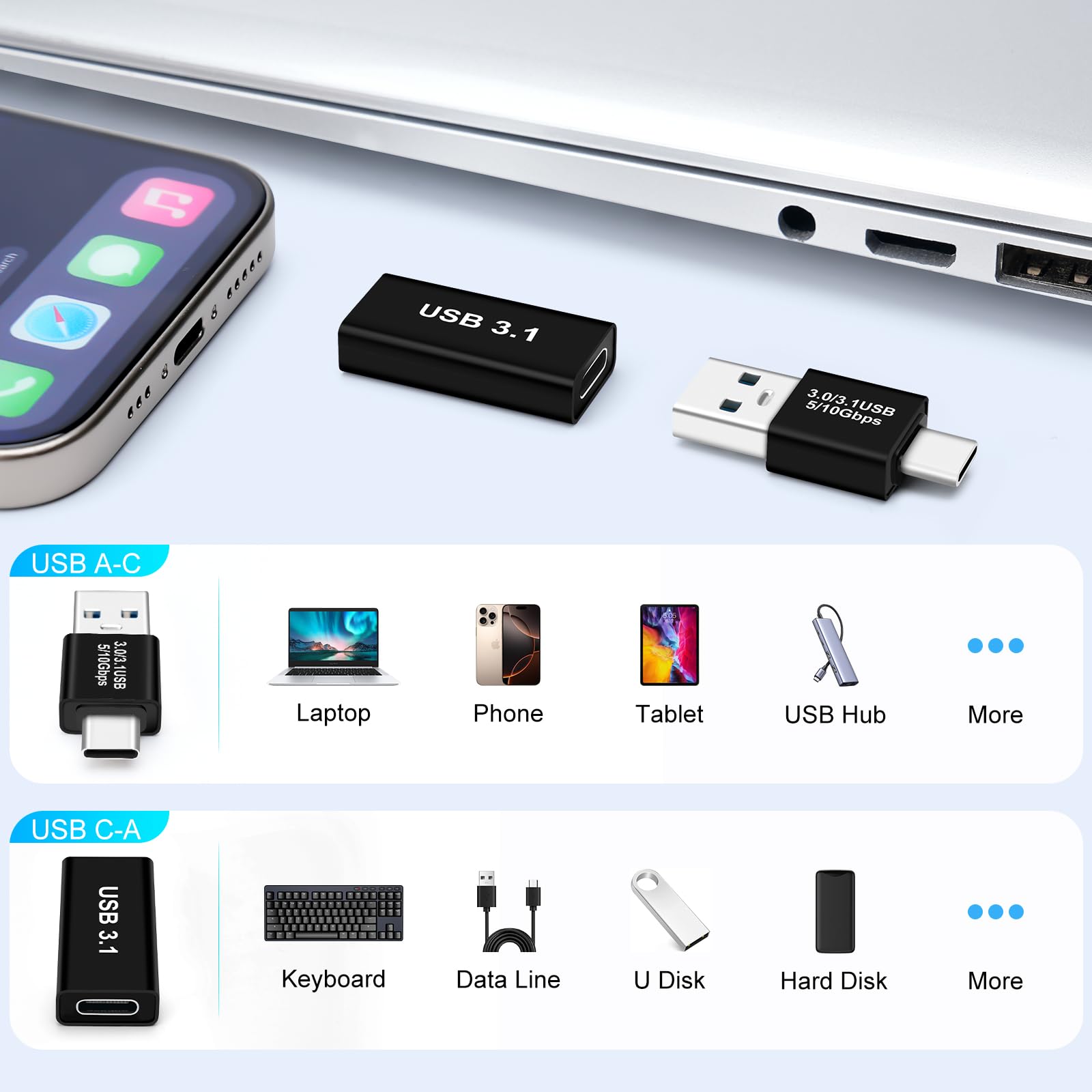 BORLTER CLAMP Adattatore da USB a USB C/USB C a USB 3.2 Gen2 da maschio a femmina, confezione da 2, compatibile con MacBook Pro, Galaxy, laptop e altri dispositivi di tipo C