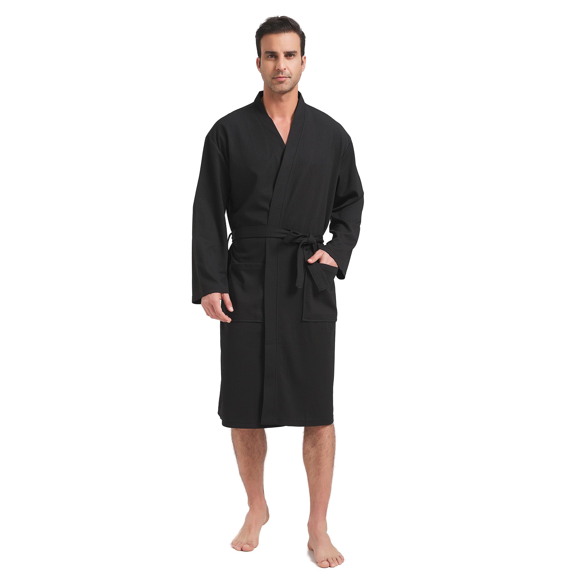 FashGudim Mens Lightweight Waffle Knit Robe Soft Kimono Spa Bathrobes Knee Length Summer Robes