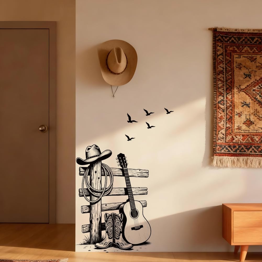 SUPERDANT 2 Pcs Cowboy Wall Stickers 82x55cm Matte Black Western Wall Decals Western Scene Peel Stick Large Farmhouse Vinyl Art for Living Room Bedroom Entryway Black