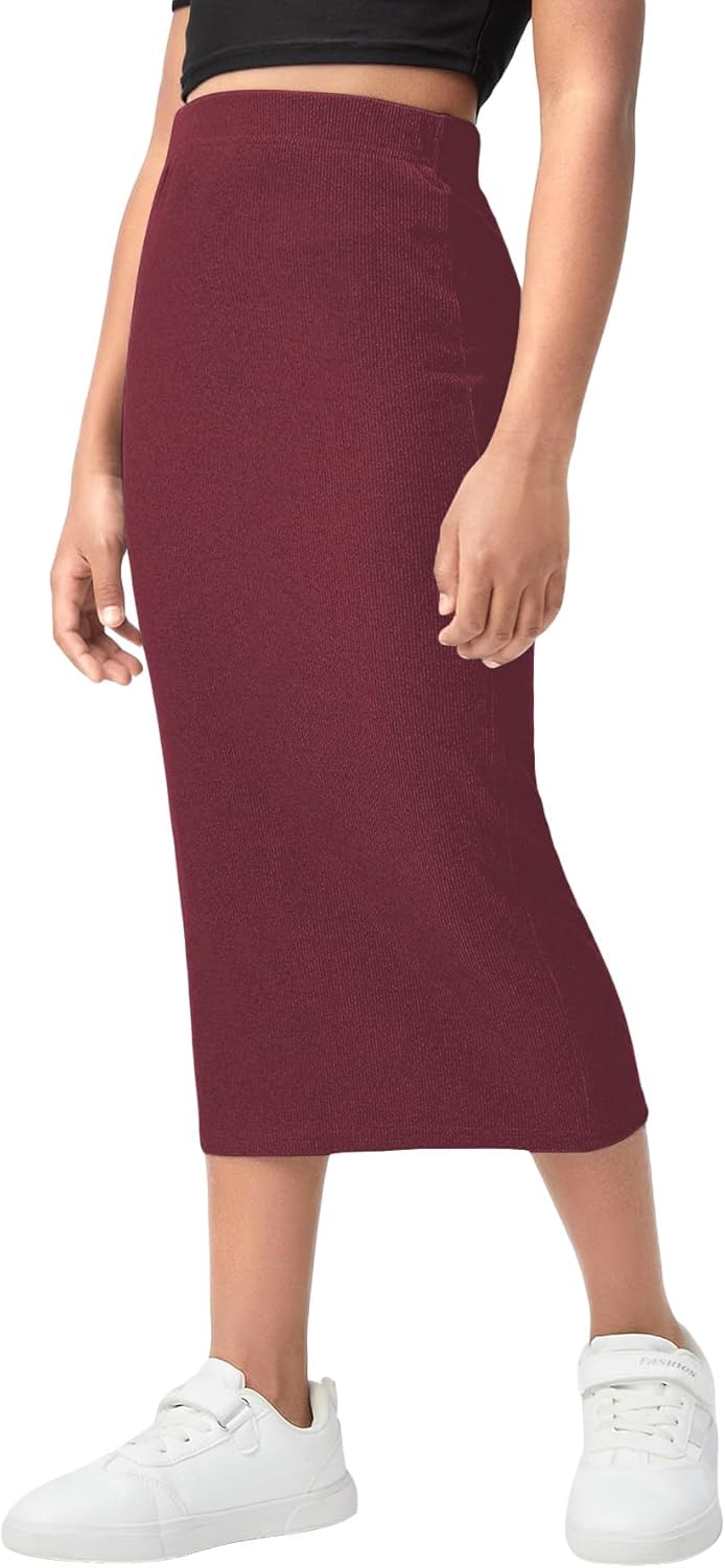 Milumia Girl's High Waisted Bodycon Skirt Ribbed Knit Slim Fit Long Pencil Skirts