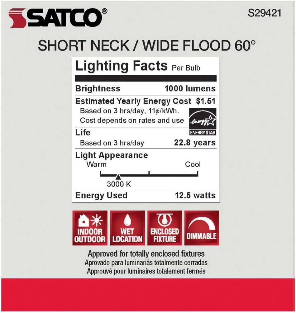 Satco S29421 6-Pack 13PAR30/SN/LED/60'/3000K/120V/D 13W PAR30 Short Neck Indoor/Outdoor Dimmable LED 60° Flood lamp (3000K)