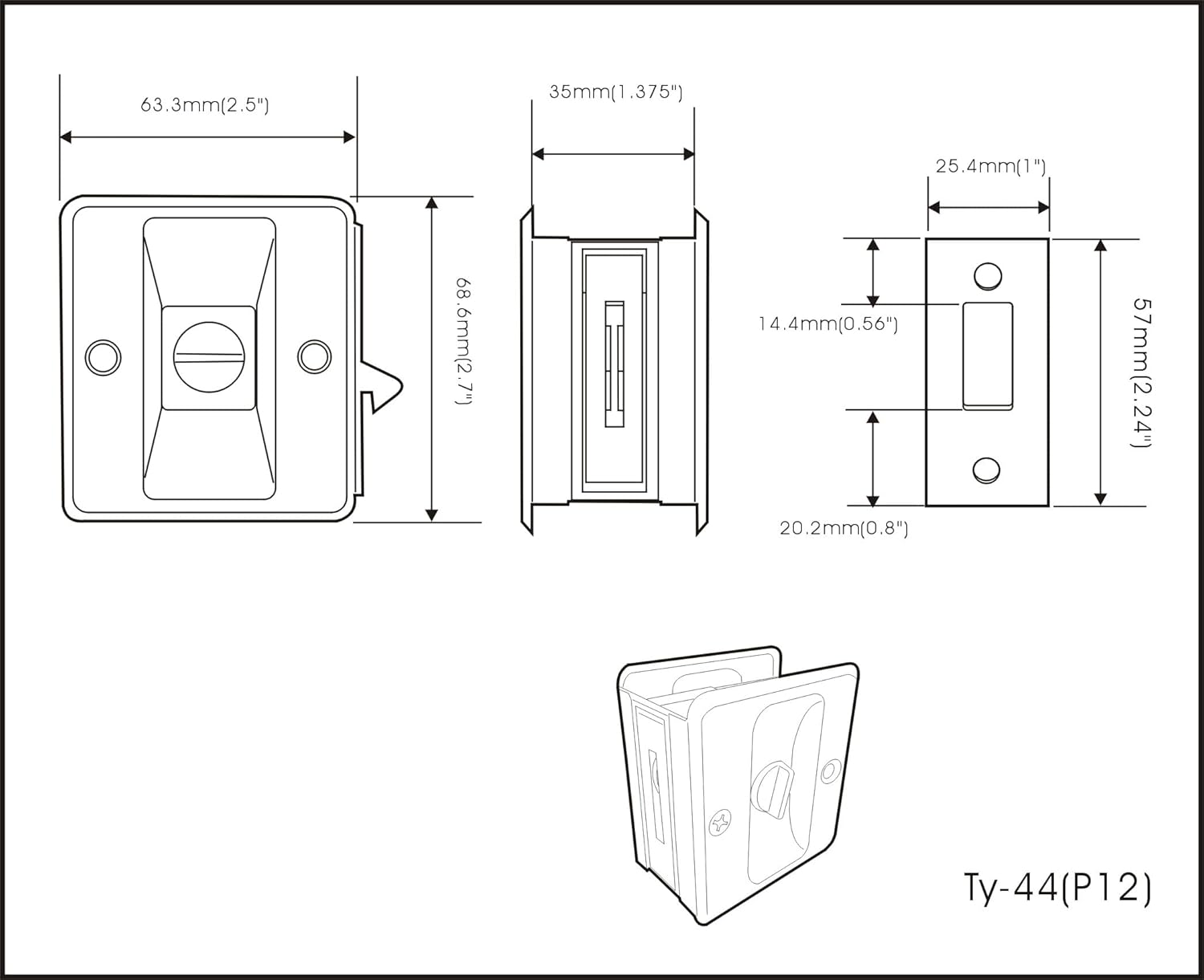 QCAA Solid Brass Sliding Door Pull Privacy Pocket Lock, Matte Black, Made in Taiwan, 1 Pack