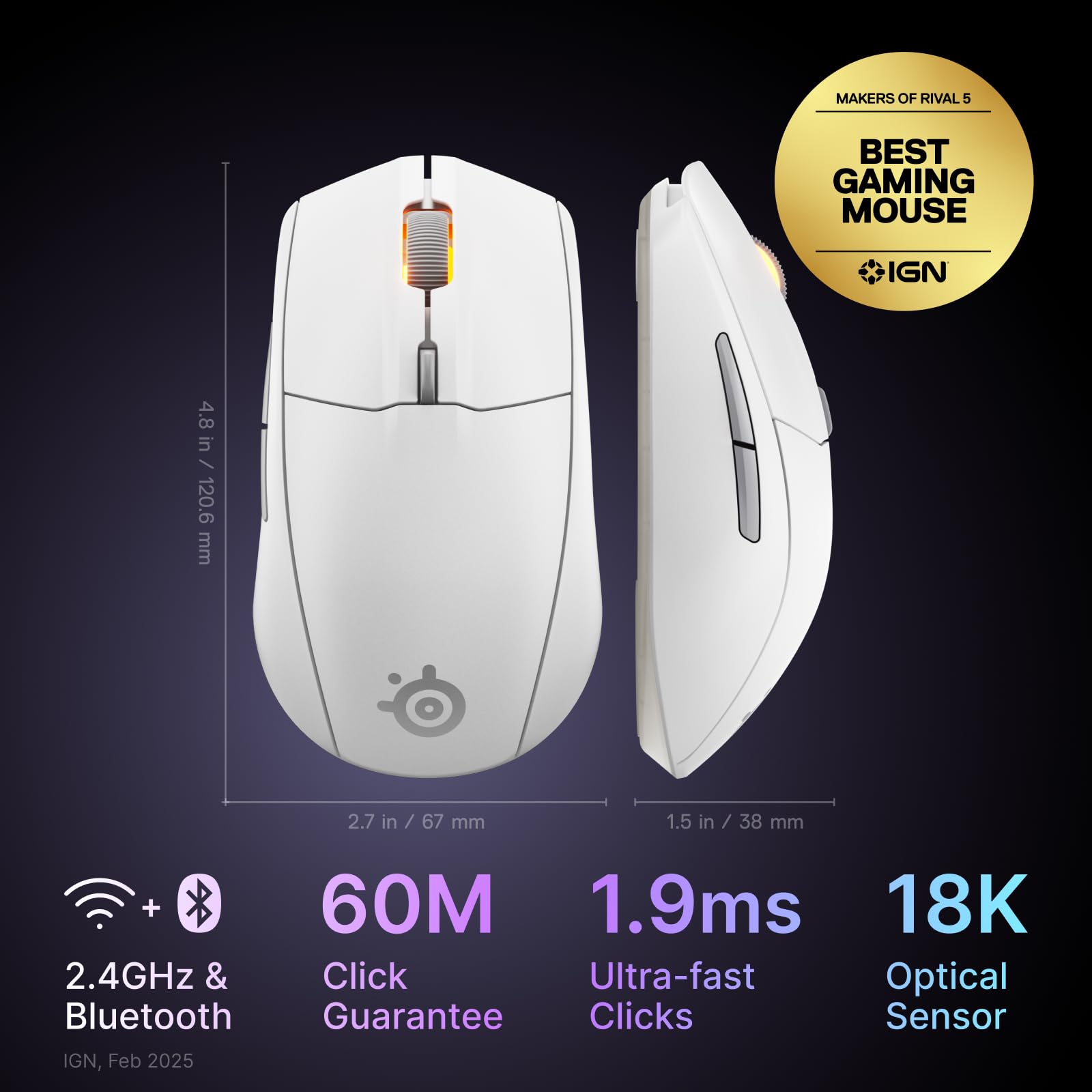 SteelSeries Rival 3 Souris de Jeu sans Fil Gen 2 – 2,4 GHz et Bluetooth – Capteur Optique TrueMove Air 18 000 DPI – Durabilité de 60 Millions de clics – Légère – Pieds 100% PTFE – Blanc