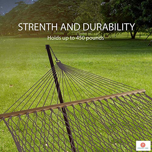 Project One Large 13Ft Rope Hammock, Quick Dry Rope Hammock With Double Size Solid Wood Spreader Bar Outdoor Patio Yard Poolside Hammock, 2 Person 450 Pound Capacity (Brown) #TOP1