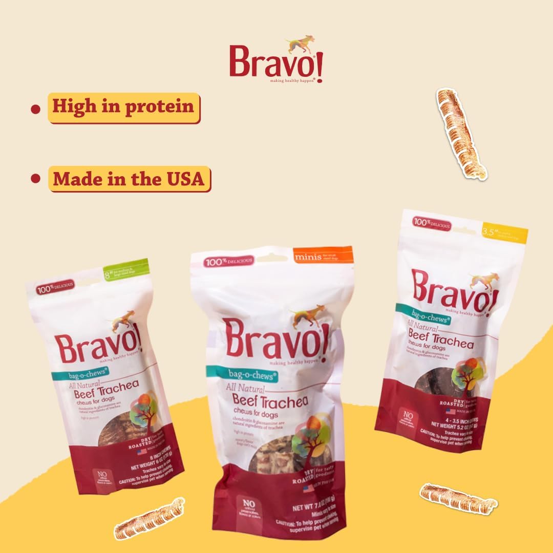Bravo! Beef Trachea Mini Dog Chews, 11 Inch (20 Count) for Large Breed Dogs, Dry Roasted, High Protein, Natural Source of Chondroitin and Glucosamine