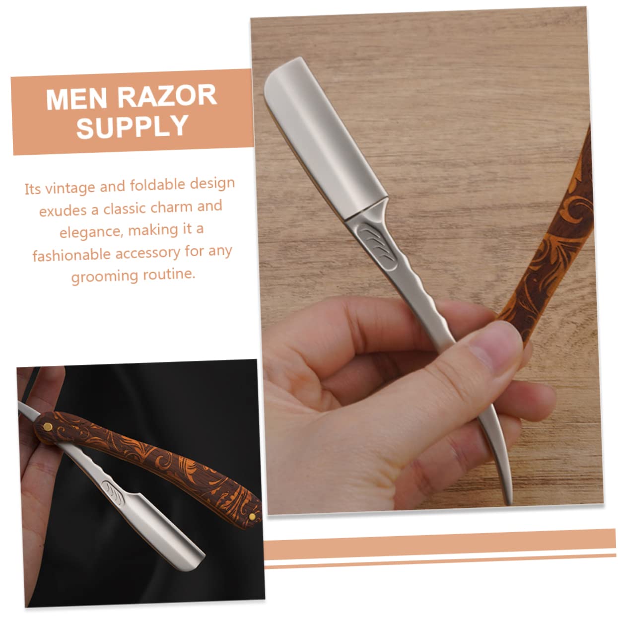 Rasoio Pieghevole in Acciaio Inox e Legno, Marrone, Vintage | Controllo Preciso, Design Sicuro, Uso Professionale e Domestico, Rasatura Pulita e Liscia