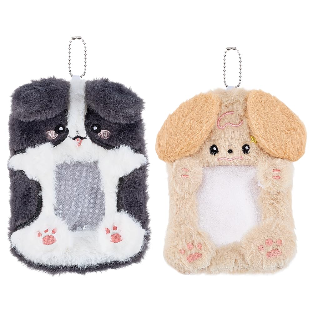 SUNNYCLUE 1 Box 2pcs Plush Photocard Holder Photocard Badge Holder Cloth Soft Fluff Cute Animals Dogs Protective Id Badge Cases Cover with Chain for Women School Office Employees Bag Charm Supplies