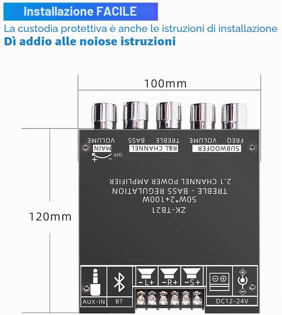 WANGCL 2x50W +100W 2.1 Canali Subwoofer Amplificatore Scheda con Controllo Treble e Bass Dual TPA3116 Chip DC 12-24V Ingressi Bluetooth e AUX Fai da Te Altoparlanti Wireless Scheda AMP