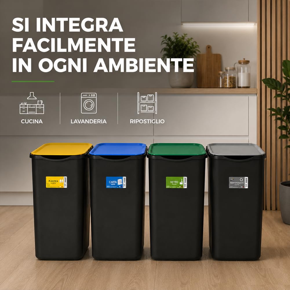 BAKAJI Set 4 Pattumiere per Raccolta Differenziata, Bidoni Spazzatura da 50 Litri con Coperchio Colorato Verde, Blu e Giallo, Contenitori Immondizia da Esterno e Interno, 37.5 x 36 x 62 cm