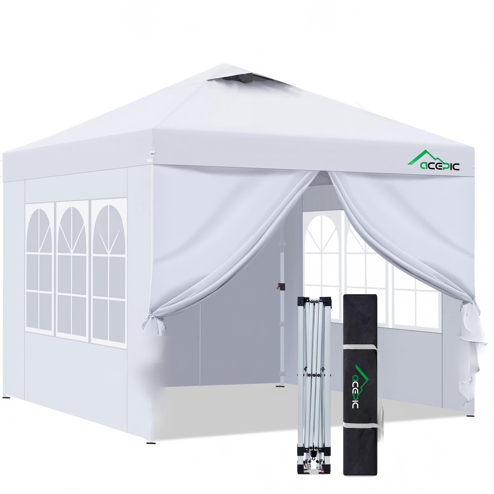 Acepic One-Touch Pop Up Pavillon 3x3 Wasserdicht Stabil Winterfest mit Seitenteile, Pop-Up Faltpavillon mit Schnellem Aufbau, Gartenzelt für Camping, Strand, Party und Flohmarkt, 3x3m, Weiß