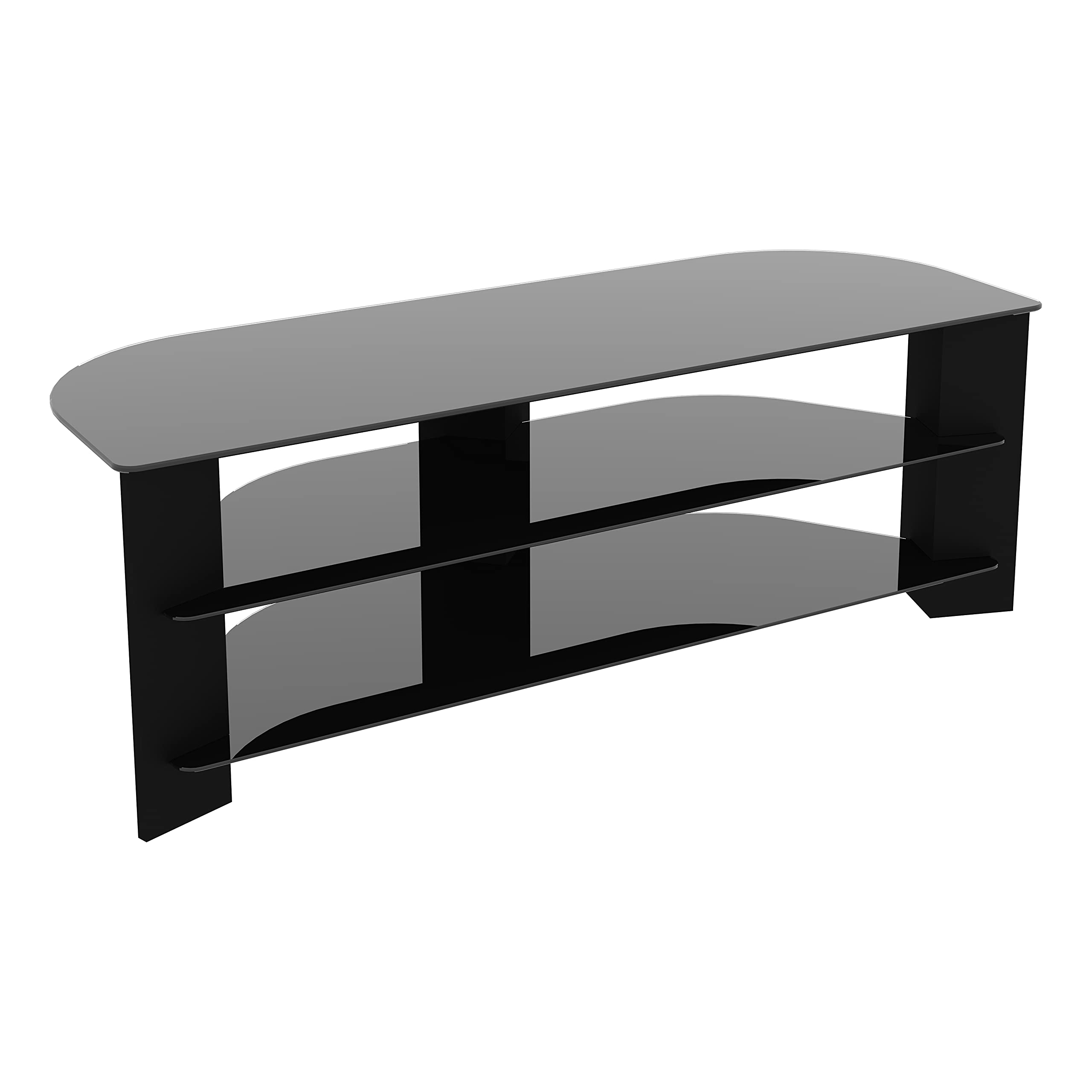 mahara Black Corner TV Stand - Universal TV unit with black glass shelves and black wood legs - Cable management included - UK Design with instructions provided - for upto 65 inch TVs - 130cm
