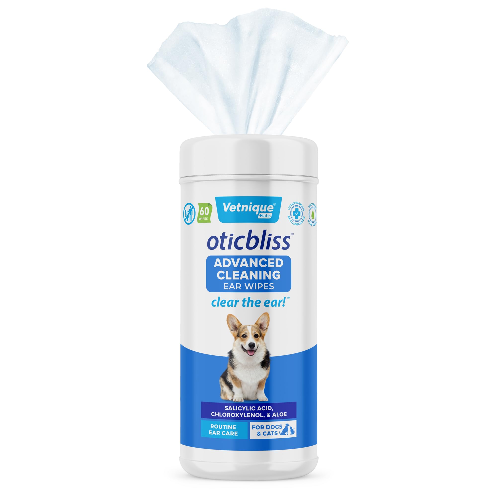 Vetnique Oticbliss Cat & Dog Ear Wipes - Dog Ear Infection Treatment or Dog Ear Cleaner Wipes for Dirty, Waxy, Smelly Dog Ears, Odor Control with Aloe Vera & Salicylic Acid (X-Lg Ear Cleaning Wipes)