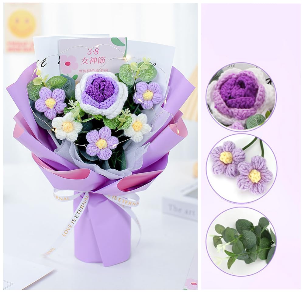 NatureMan Bouquet di fiori artificiali intrecciati a mano, con sacchetto regalo per San Valentino, compleanno, matrimonio, laurea, festa della mamma e decorazione per la casa (bouquet di rose viola)