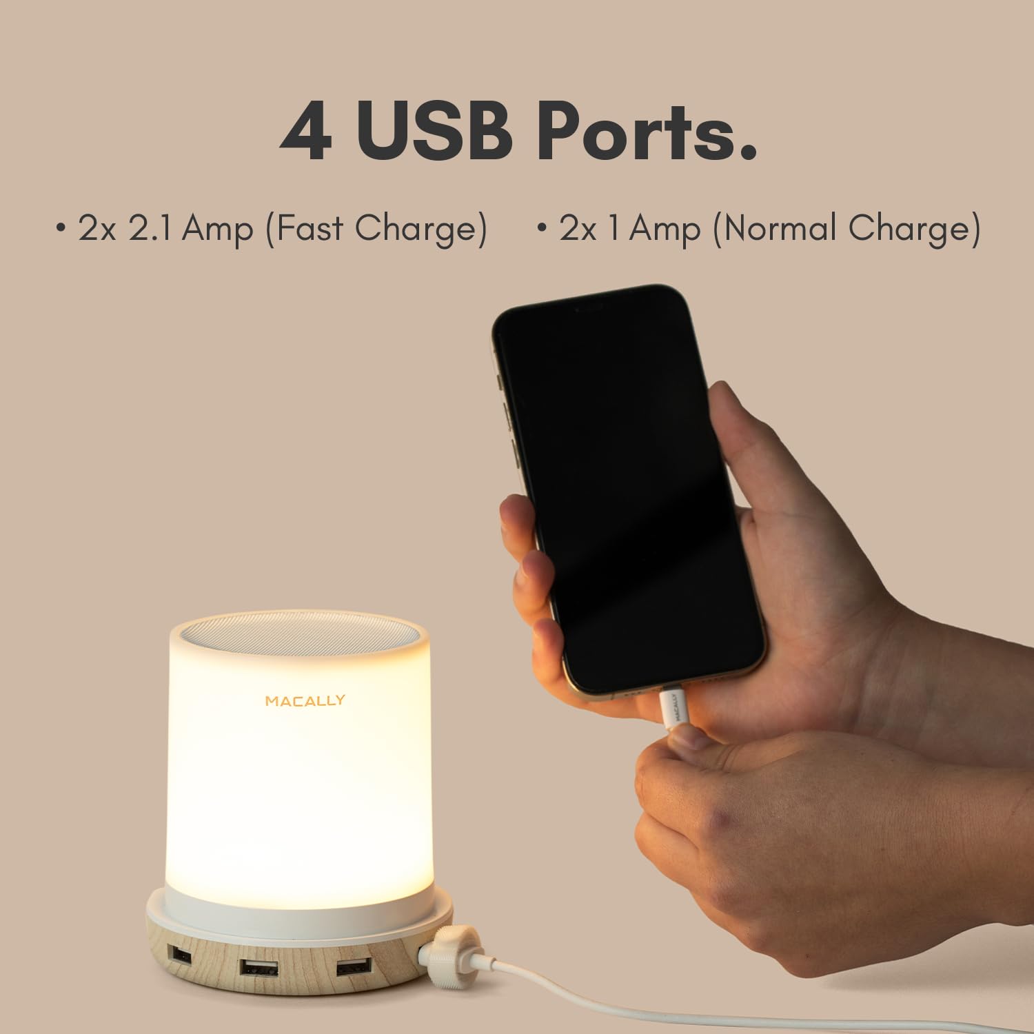 Macally Lámparas táctiles pequeñas para mesita de noche, lámpara de noche con puerto USB, lámpara de mesa corta regulable de 3 vías para espacios pequeños, uso como luz nocturna y cargador en el