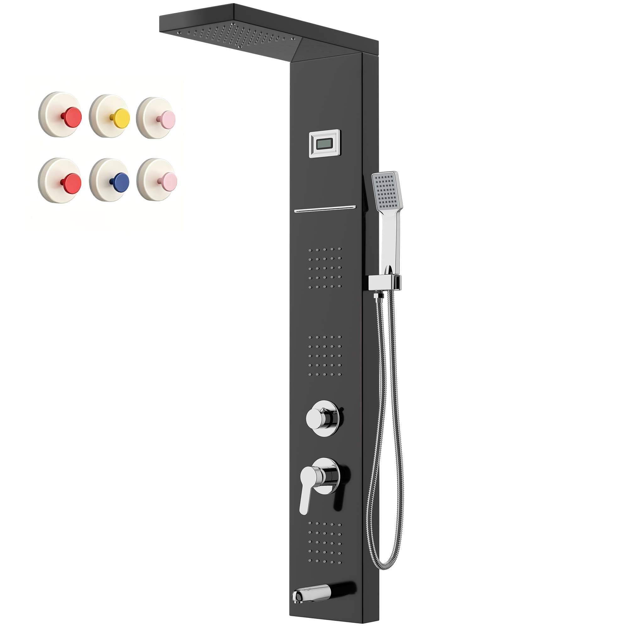 Columna de Ducha Hidromasaje STANEW,Pantalla LED Temperatura, Grifo de 5 Funciones, lluvia, Cascada, Masaje, Boquilla de Bañera y Cabezal de Ducha con Manguera, Acero Inoxidable Cepillado (Negro)