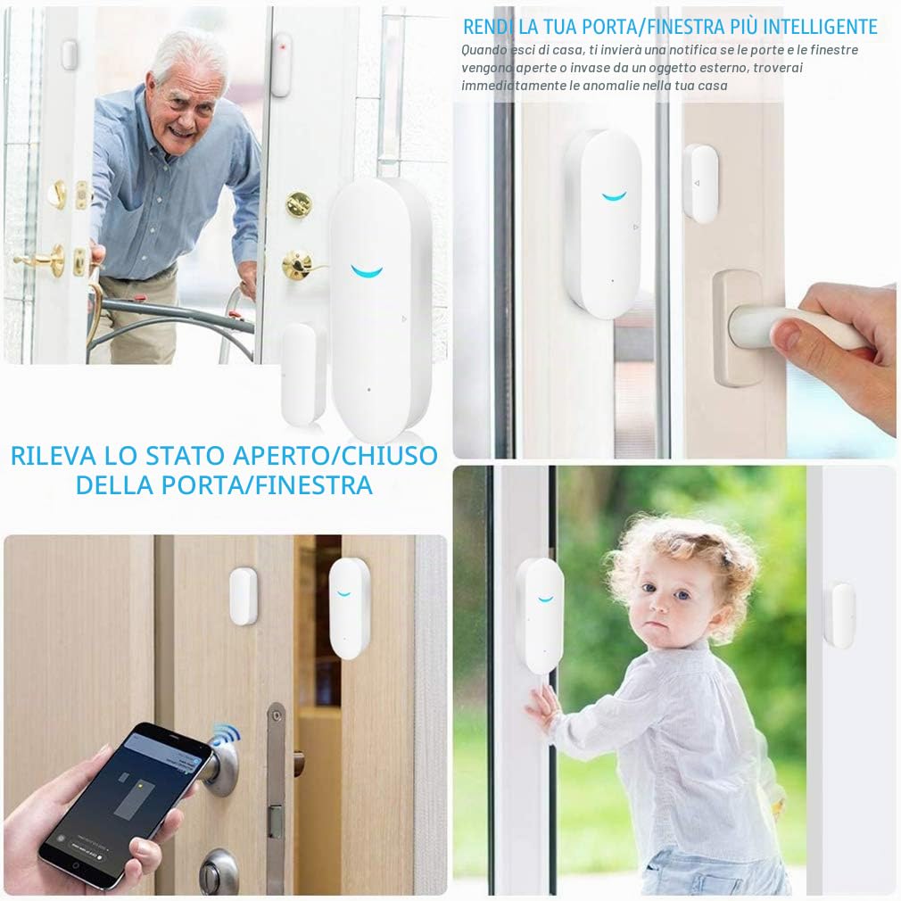 Tuya Smart Alarm Sensori WiFi per porte e finestre, con notifica gratuita APP Control Sistema di allarme di sicurezza domestica,nessun hub richiesto,compatibile con Alexa,Google Home (confezione da6)