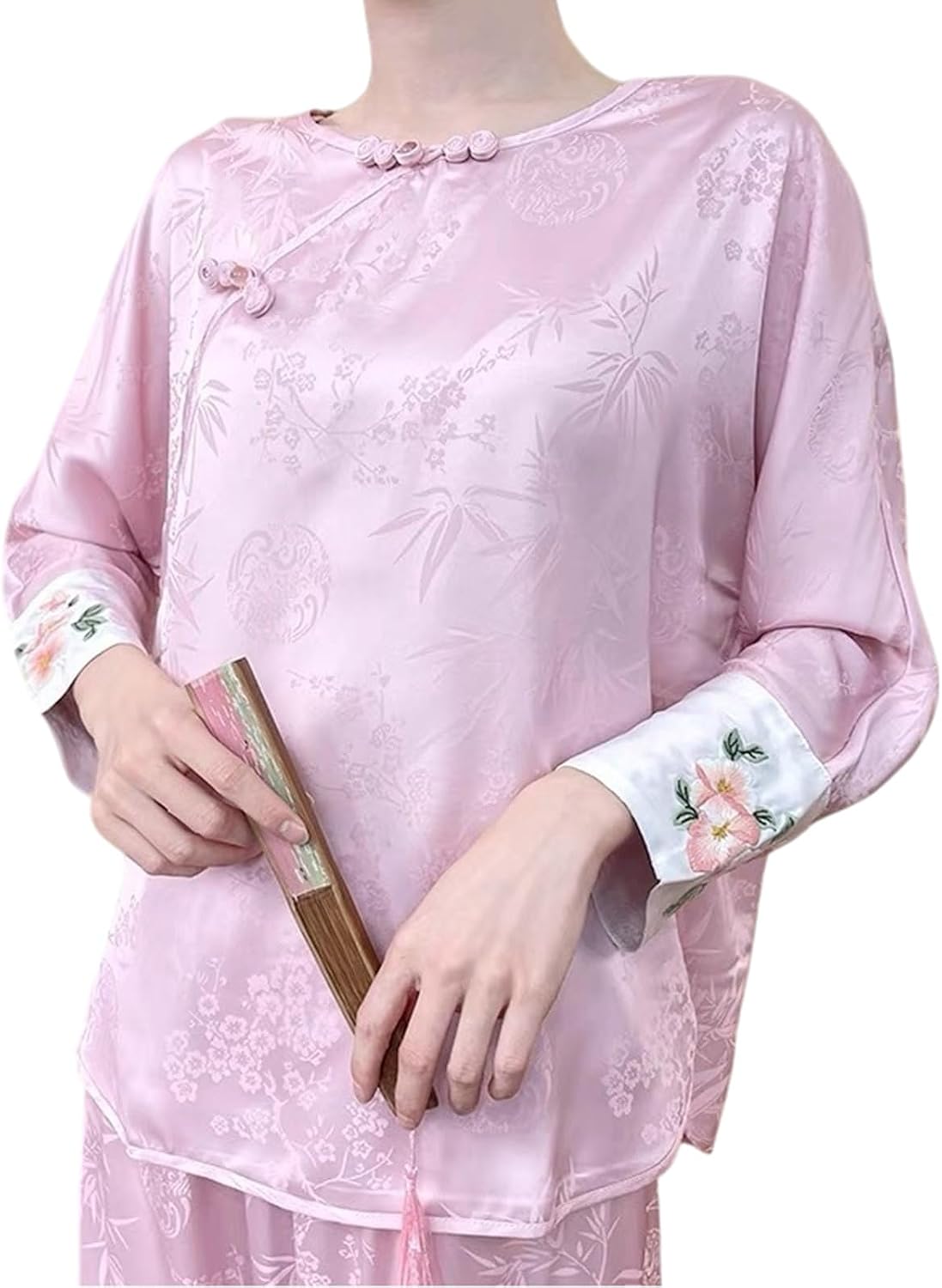 Chinese Style Embroidered Ice Silk Satin Pajamas Set Frog Button Loungewear