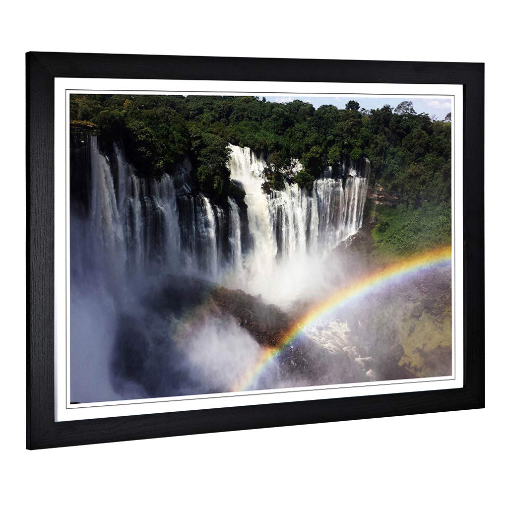 Big Box Art Framed Print of Landscape Angola Forest Rainbow Waterfall Design | Wall Art Picture | Home Decor for Kitchen, Living Room, Bedroom, Hallway, Black, A2 / 24.5x18 Inch / 62x45cm