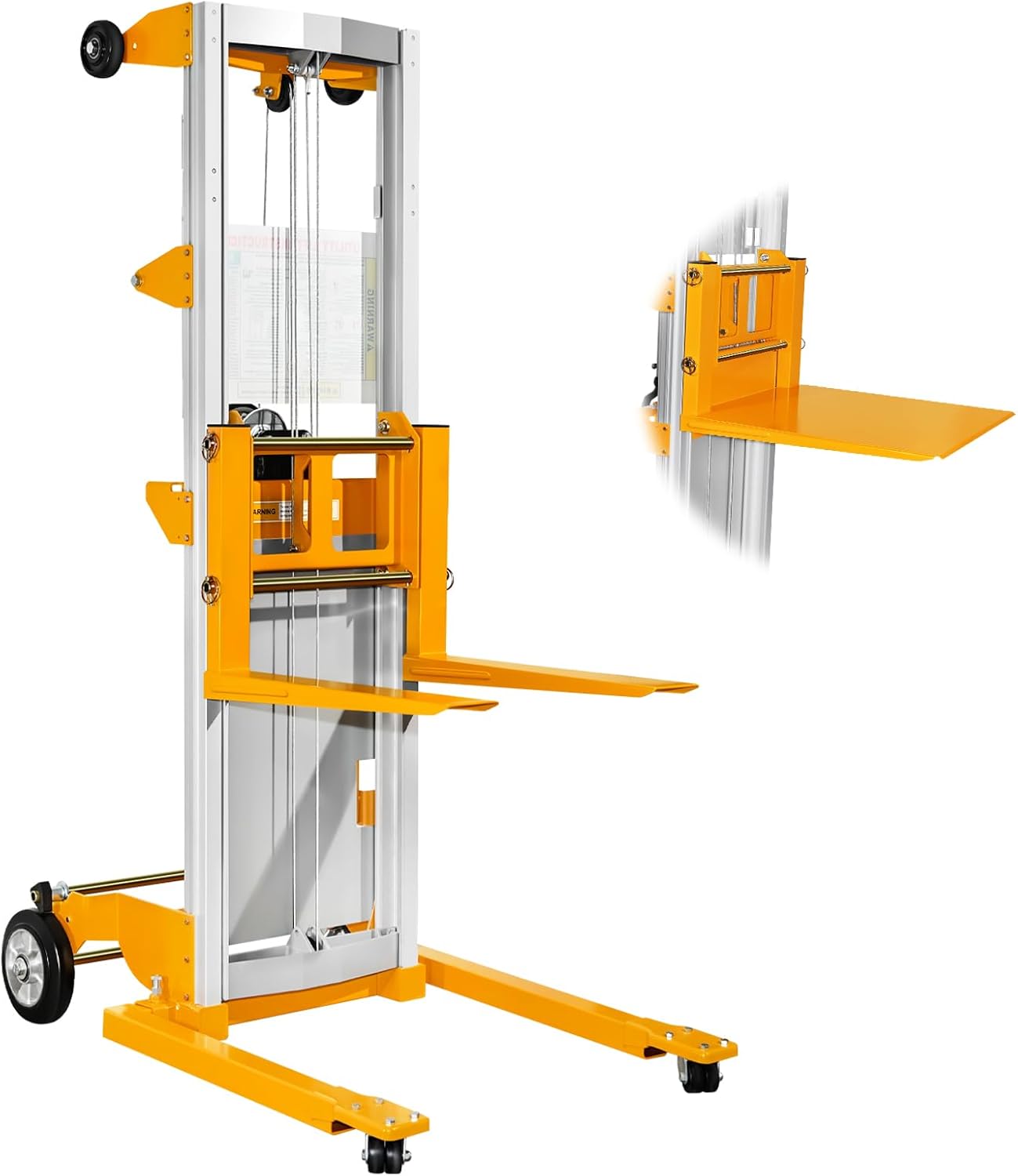 Material Lift Manual Winch Stacker Manual Forklift 122 Inch Lift Height 400lbs Load Capacity Pallet Stacker with Adjustable Width Lightweight Aluminum Alloy Material for Warehouses Factories