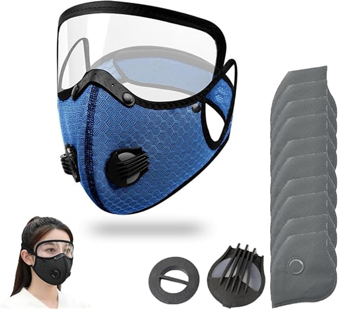 Reusable Carbon Filter Dust Mask with Adjustable Goggles,Activated Carbon Face Mask,Anti-UV-5-Layer Filte with 10 Filters and 2 Valves with Adjustable Goggles for Woodworking Mowing Dust (Dark Blue)