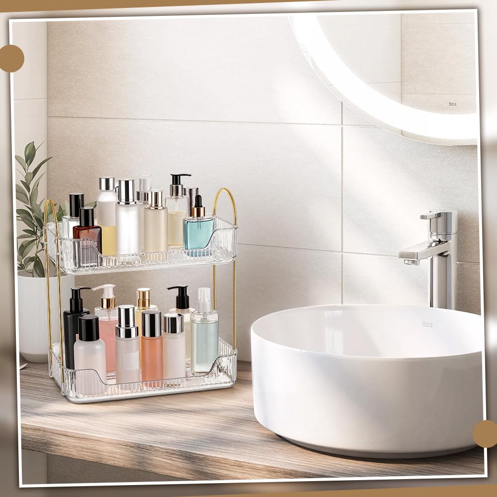 2 juegos de organizadores de maquillaje estrechos de 2 niveles, plástico transparente, doble capa, organizador de baño, soporte para perfume, almacenamiento de cuidado de la piel, estante de