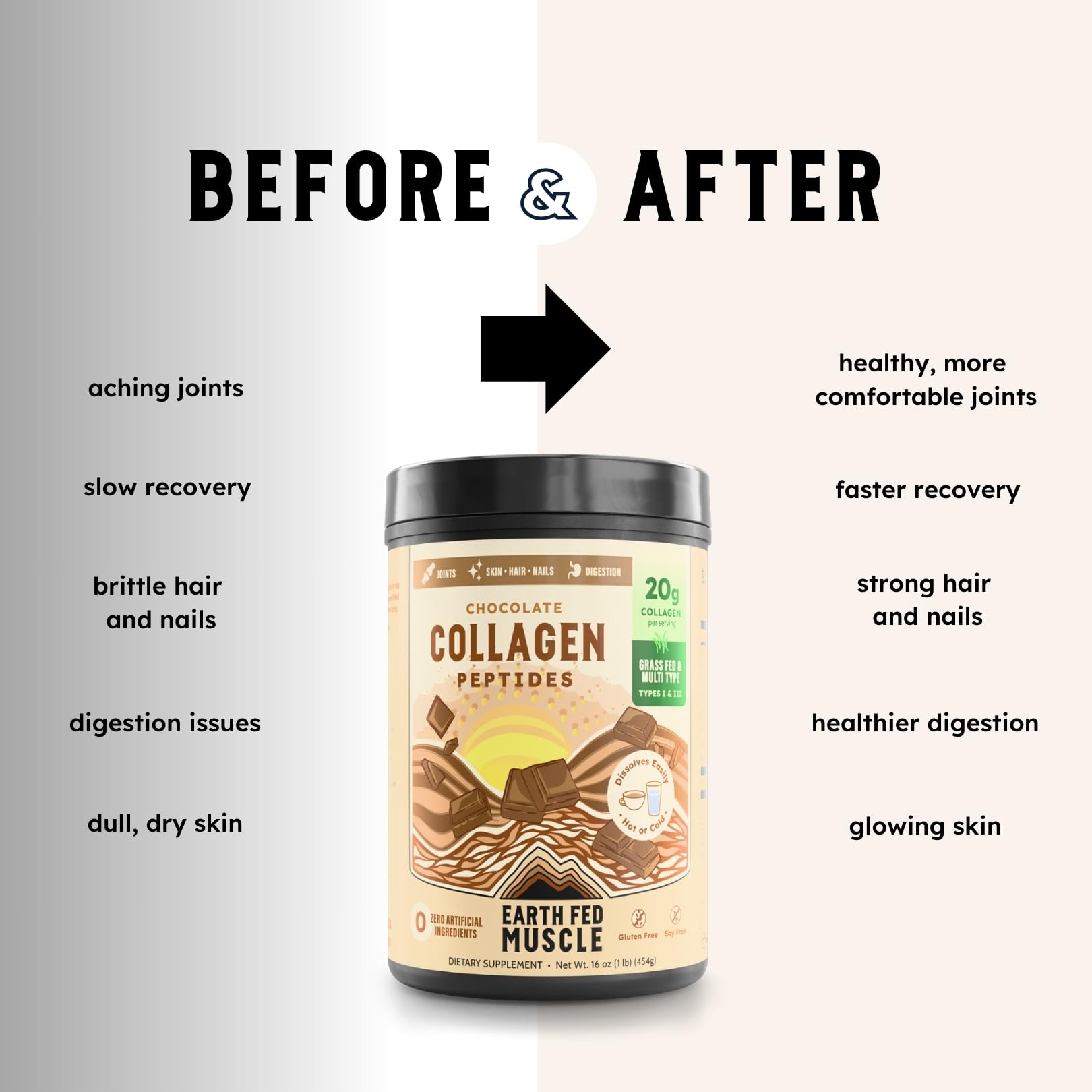 Earth Fed Muscle Chocolate Collagen Peptides Powder – Grass Fed Hydrolyzed Collagen for Women & Men - Healthy Bones, Skin & Hair - Types 1 & 3 Collagen Powder, 20g Per Serving, 19 Servings
