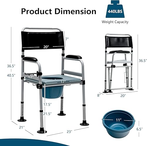 Miniatura 6 de Goplus Cómoda plegable 4 en 1, silla de inodoro de 440 libras para inodoro con brazos, asiento acolchado, inodoro de noche ajustable en altura,