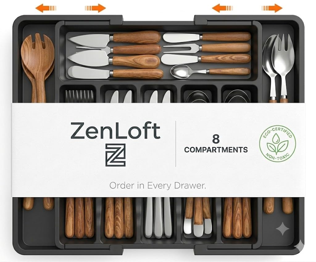 ZENLOFT Extendable Cutlery Drawer Organiser, Adjustable 8-Compartment Plastic Divider Tray, Secure Buckle Design for Kitchen Utensils, Cosmetics & Desk Tidy, Black