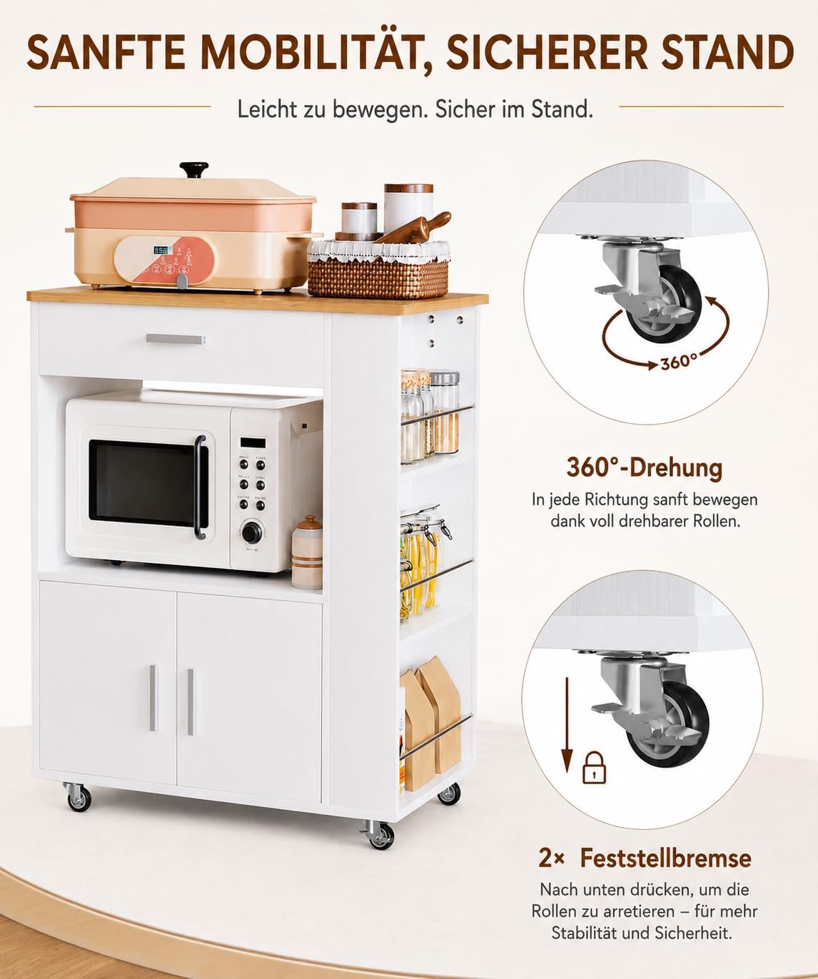 Yorbay Kücheninsel mit Rollen und Mikrowellenregal: Küchenwagen mit 1 Schublade und 3 Gewürzregalen - Servierwagen mit Arbeitsplatte und Handtuchhalter für Küche Esszimmer Hotel