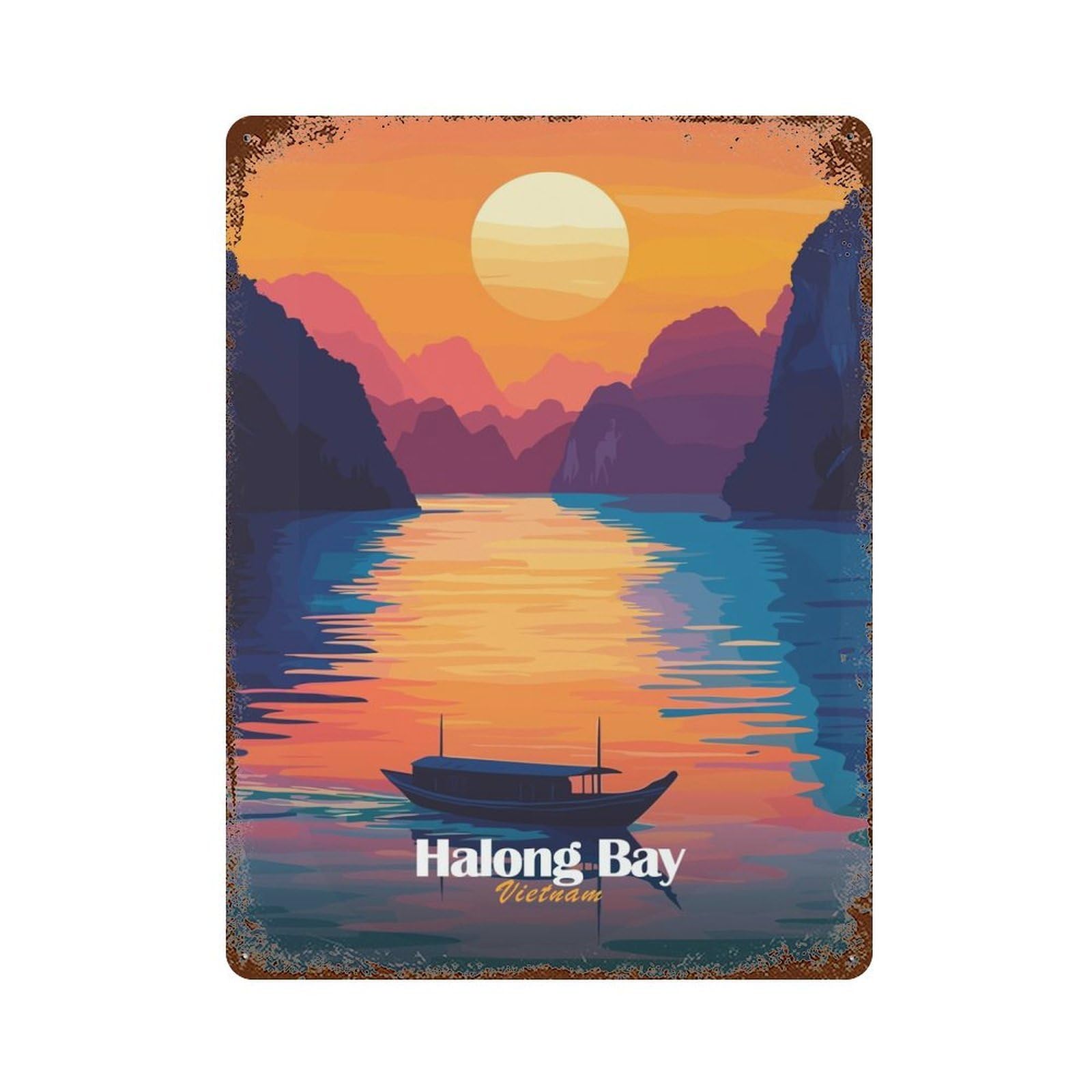 Halong Bay Sunset Retro Metal Sign 15.7"x11.8", for Pub, Kitchen And Man Cave Decor, Retro Wall Decor