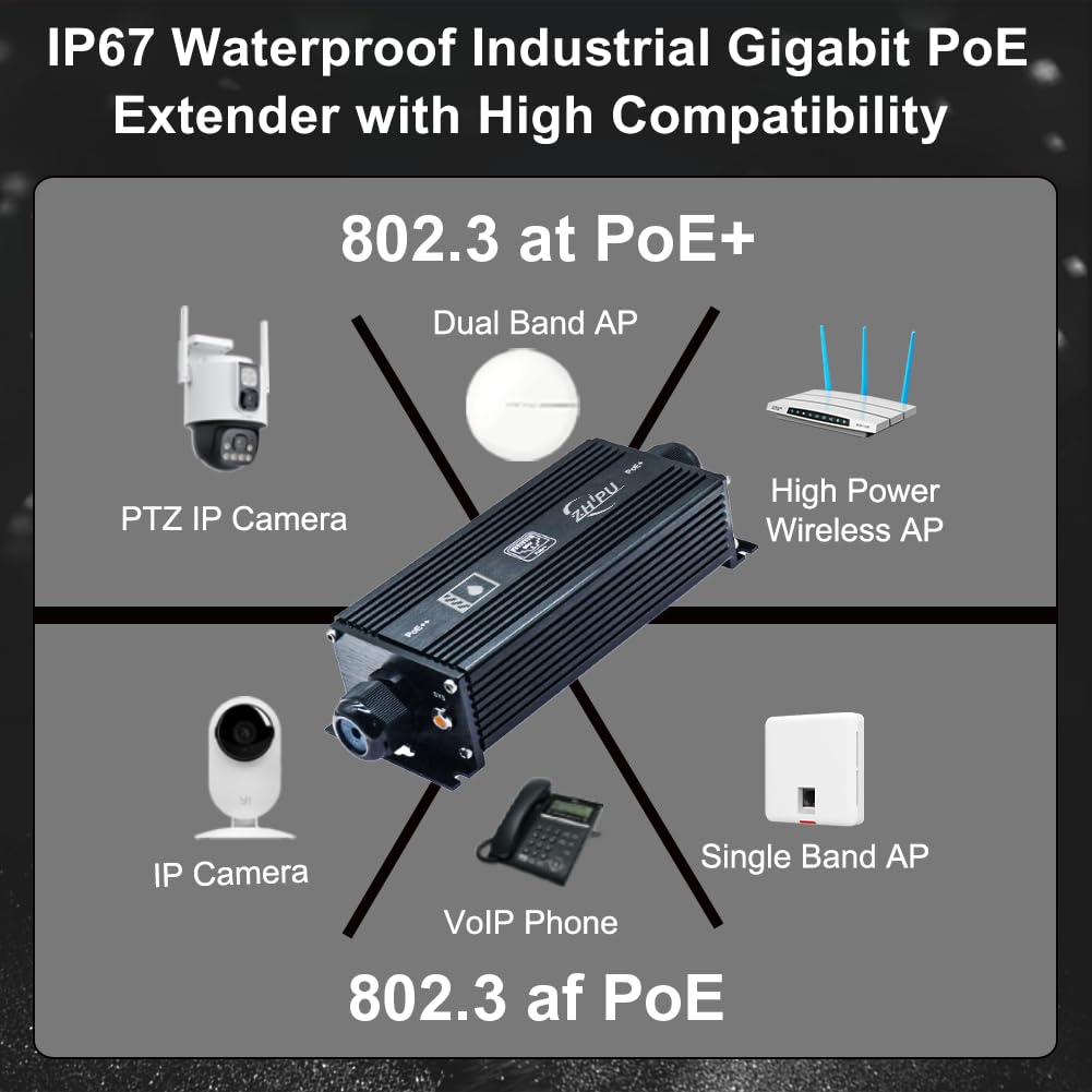 Prolongateur PoE Gigabit étanche IP67, haute puissance 90 W, Ethernet 1000 Mbps, portée de 100 m, -40 °C à 80 °C, pour surveillance de sécurité et ingénierie de réseau
