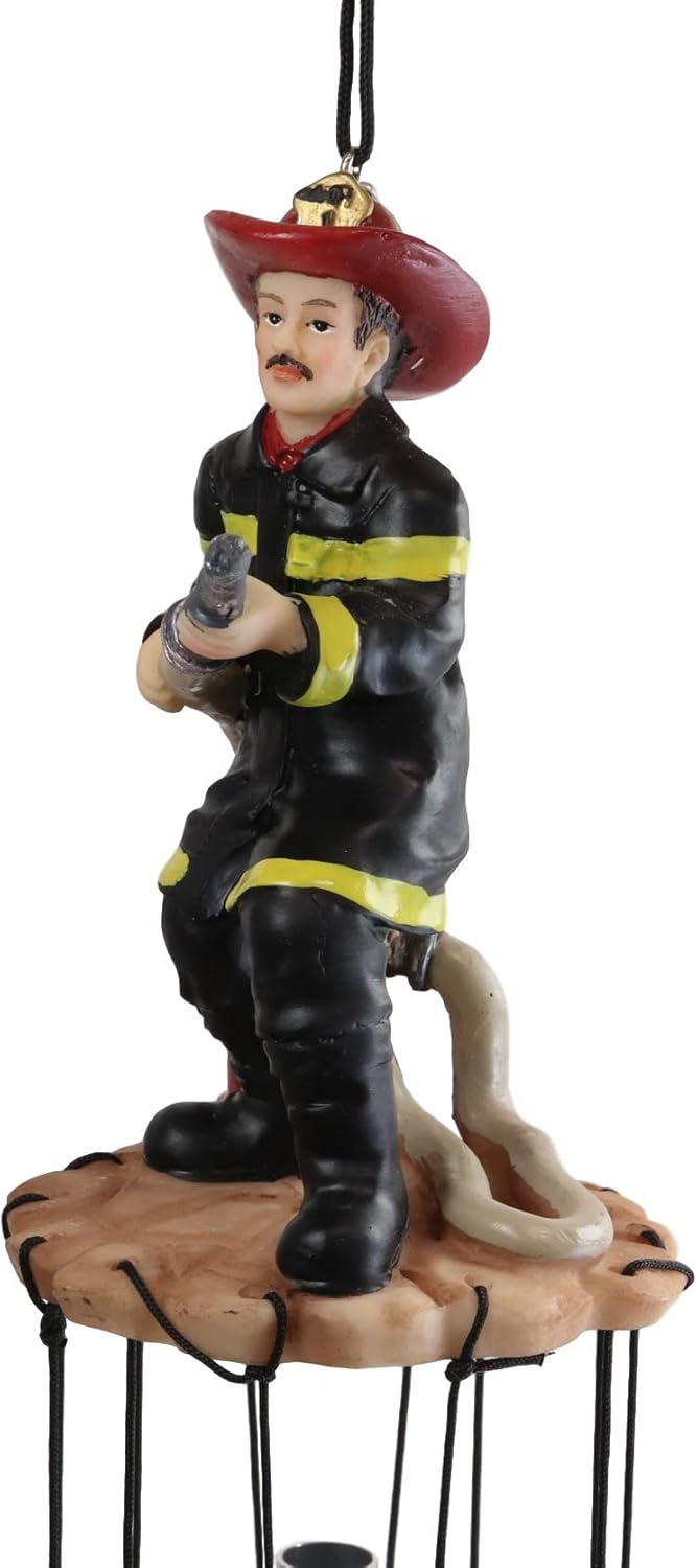 Ebros Gift Black Gear Outfit Fireman in Line of Duty with Fire Hose Attached to Hydrant Resonant Relaxing Wind Chime Patio Garden Accent of Fire Fighters Hydrants 911 Emergency Civil Service