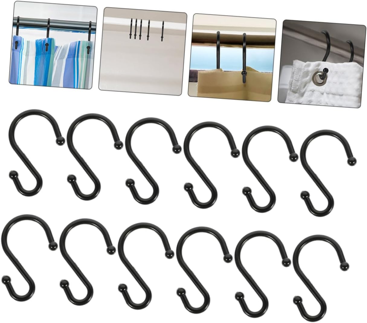 Heavy-Duty S Shaped Zinc Alloy Bath Curtain Hooks Black Metal Shower Curtain Hangers for Bathroom 24pcs Decorative for Shower Rods